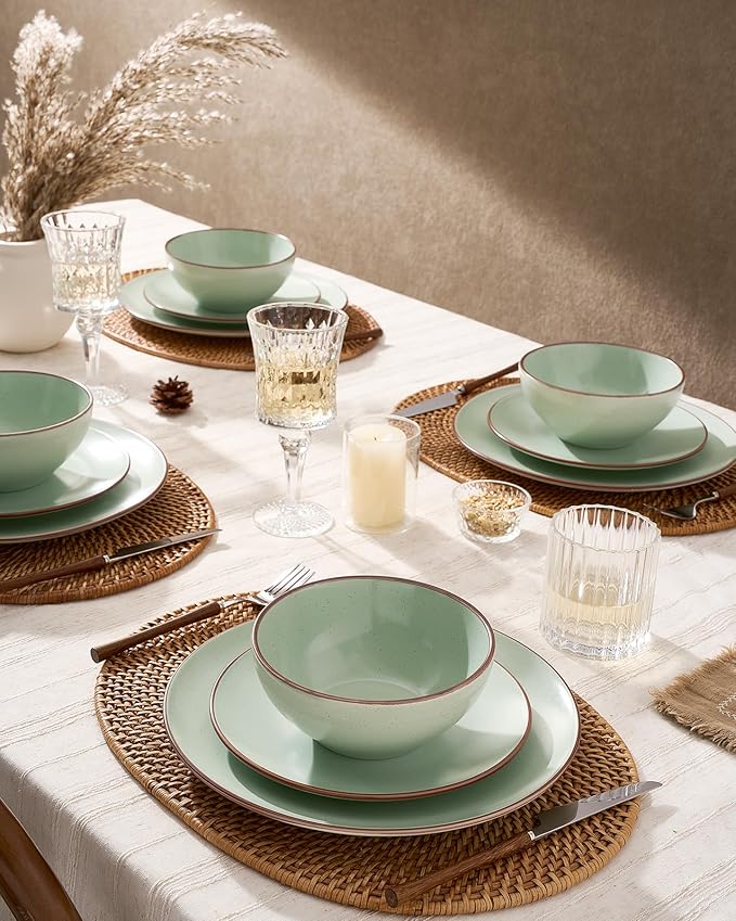 Famiware Venus Plates and Bowls Sets, 12 Pieces Stoneware Speckled Dinnerware Sets, Dishes Set for 4, Microwave and Dishwasher Safe, Matte Light Green