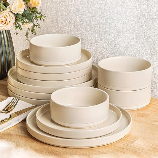 TheTerra Ceramic Dinnerware Sets for 4, 12 Pieces Handmade Reactive Glaze Plates and Bowls Set, Scratch Resistant Dish Set, Oven & Microwave & Dishwasher Safe, Matte White
