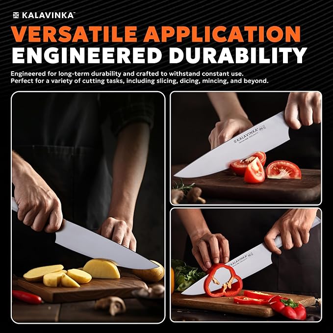 8 Inch Cooking Knife, Razor Sharp Edge Retention, German Steel Blade with Comfortable Handle, Bonus Sheath, Gift-Ready (RUPA)