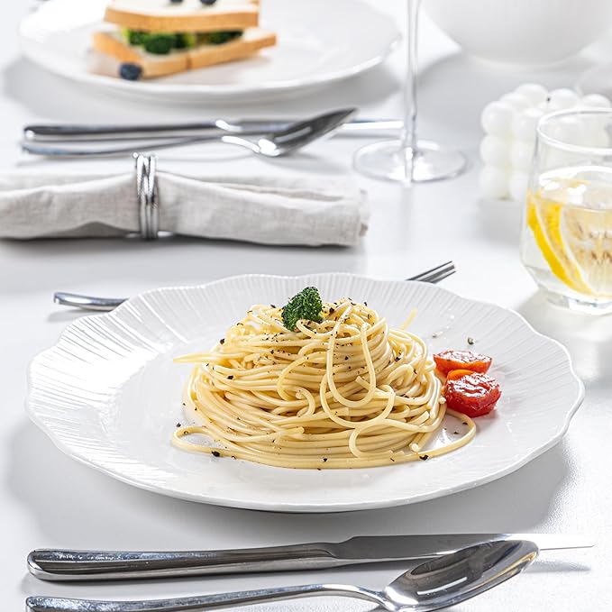 12 Pcs Porcelain Dinnerware Sets for 4, Ceramic Plates and Bowls Sets with Embossment, Oven, Dishwasher and Microwave Safe - Scratch Resistant Dish Set, QOMO-1996