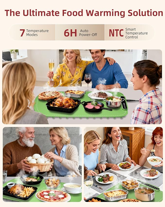 Warming Mat for Food, Upgraded Fast-Heating Electric Warming Tray with 7 Temp Levels & 8 Timers, Buffet Raised Feet & Rollable Silicone Heat Pad, Portable Food Warmer for Home, Party & Travel(Green)