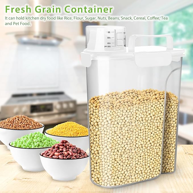 Rice Storage Container, 5 to 10lb Dry Food Airtight Dispenser, Pet Dog Cat Food Canister, BPA Free Clear Plastic Kitchen and Pantry Organization Bin for Oatmeal, Cereal, Pasta, Flour White