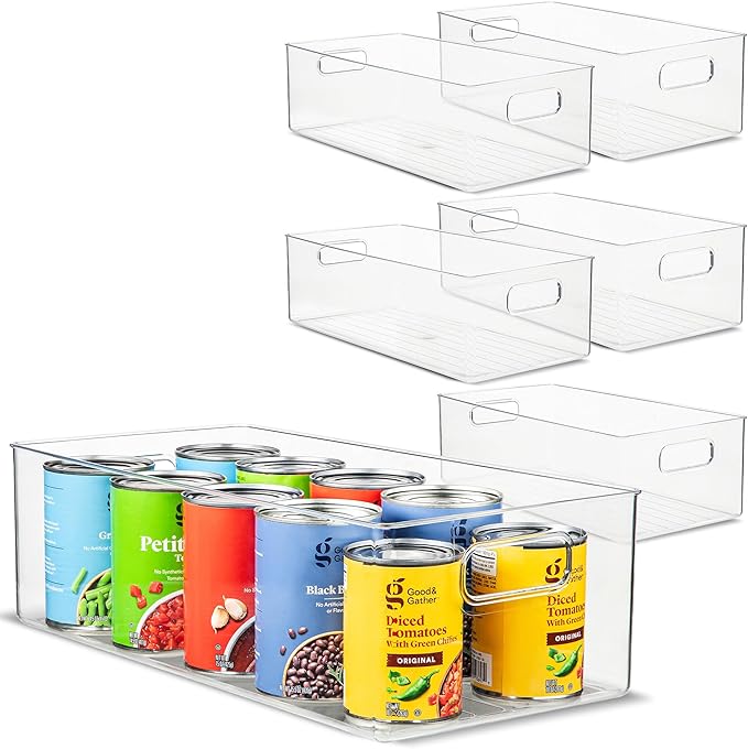 Plastic Food Storage 6 Pack Clear Container Bin with Handles for Organizing Kitchen, Pantry, Refrigerator, Freezer, Pantry, Cabinet, Closet, Bathroom. 14”x8”x5”