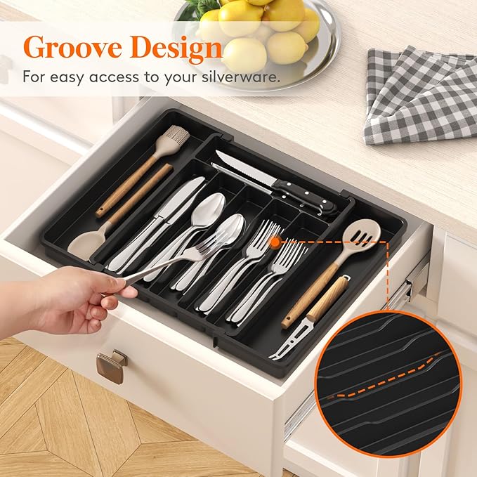 Lifewit Silverware Drawer Organizer, Expandable from 11 to 18 inches, Utensil Tray for Kitchen, BPA Free Flatware Cutlery Holder, Adjustable Plastic Storage for Spoons Forks Knives, Large, Black