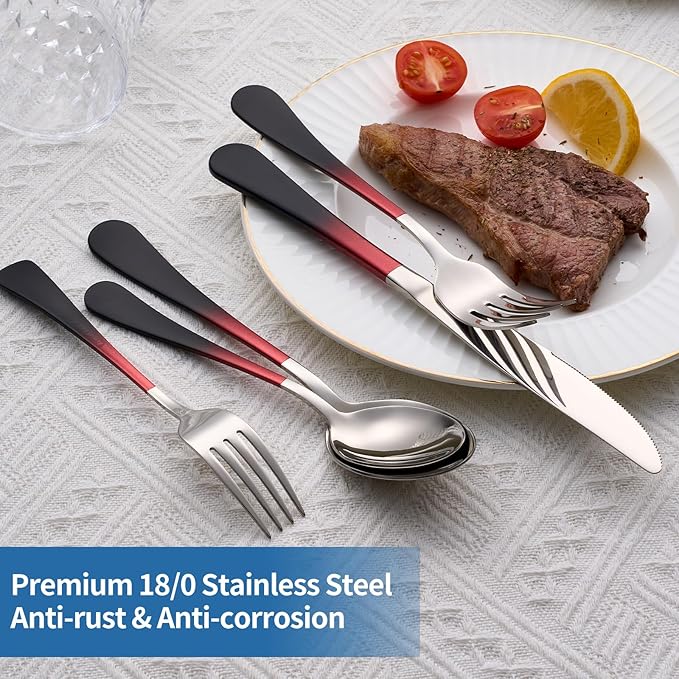 20-Piece Black Red Silverware Set, 18/0 Stainless Steel Colorful Handle Flatware Set,Service for 4,Modern Cutlery Set Includes Dinner Knives Forks Spoons,Mirror Polished,Dishwasher Safe