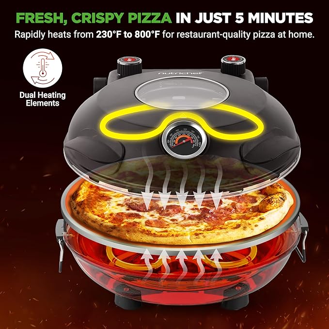 NutriChef Electric Pizza Oven | 1200W Countertop Pizza Maker with Temperature Control & Thermometer | Viewing Window for Precise Cooking | Heats up to 800˚F | Easy to Clean Non-Stick Coating (Black)