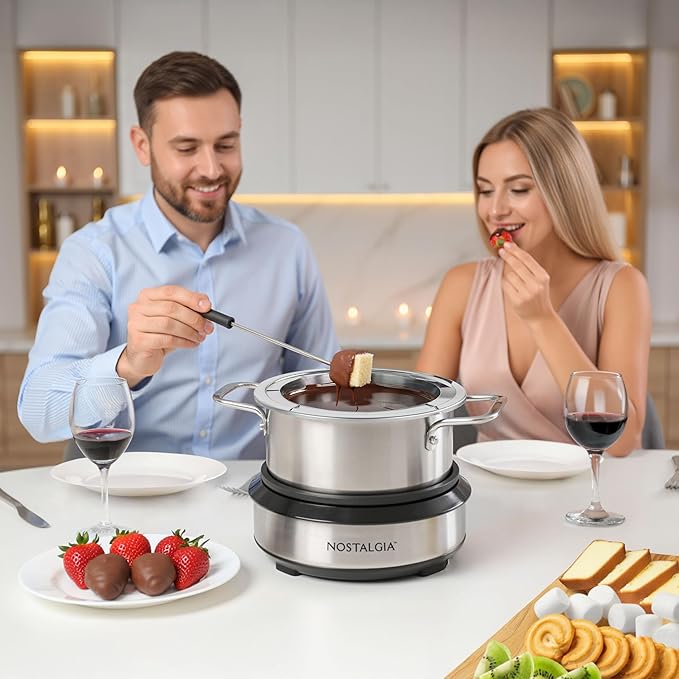 Nostalgia 8-Cup Electric Fondue Pot Set for Cheese & Chocolate - 8 Color-Coded Forks, Temperature Control - Kitchen Gadgets and Appliances for Hors d'Oeuvres and More - Stainless Steel