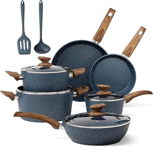 MAISON ARTS Pots and Pans Set Non Stick, Kitchen Cookware Sets Nonstick, 12 Piece Granite Cooking Pot and Pan for Induction, Stovetop, Blue