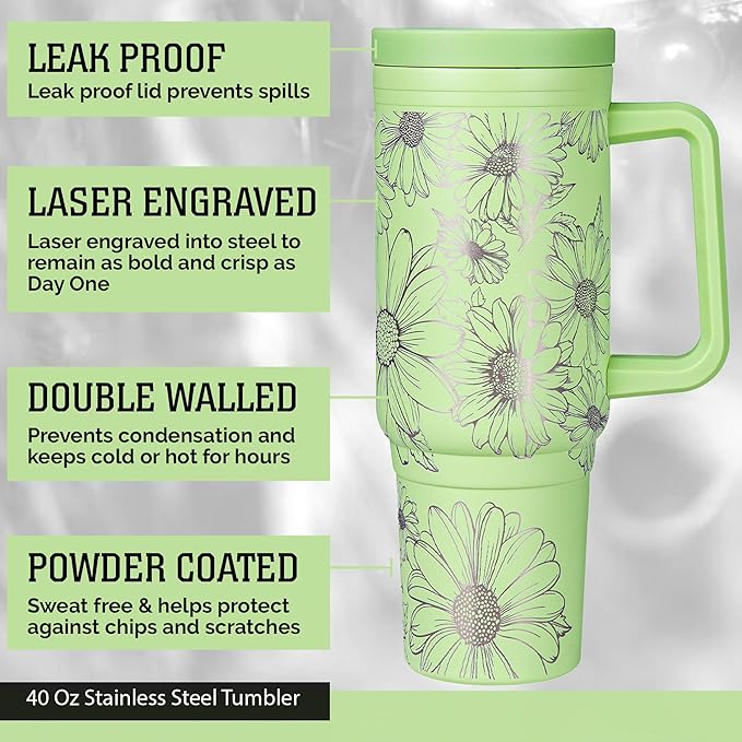 Engraved Daisy 40oz Insulated Tumbler with Handle, Lid & Straw - Use for Water, Tea, Coffee & More-Disabled USMC Vet Owned Small Business-Daisy 40oz Tumbler