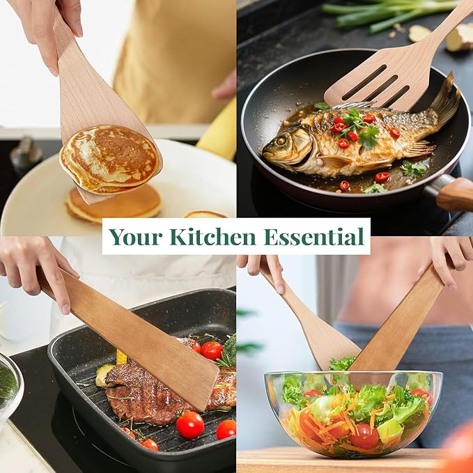 3Pcs Wooden Spatulas, 12inch Long Handle Slotted Turner Spatula Set, Uncoated Beech Wood Cooking Spoons for Non-Stick Cookware, Kitchen Utensils Set for Frying, Flipping, Scraping and Turning