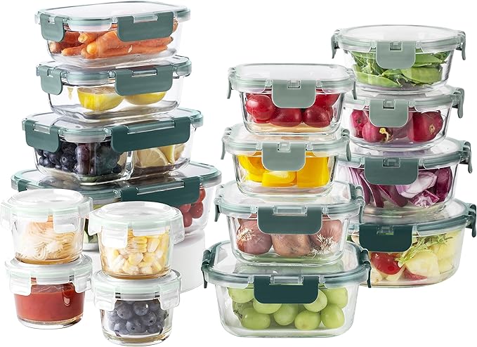 COOK WITH COLOR Premium 32-Pc. Borosilicate Glass Food Container Set with Dividers - 4 Rectangles, 8 Rounds, 4 Squares - Leakproof Lids - Meal Prep, Storage, Ombre Green