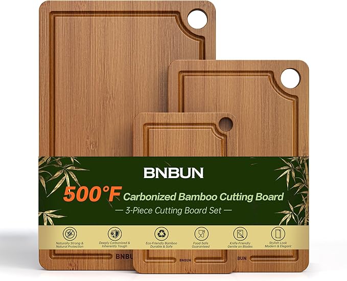 Bamboo Cutting Board for Kitchen, Wooden Cutting Board 3-Piece Set with Non-Slip Mat Deep Juice Groove and Built-In Handles, Wood Cutting Board for Meat Vegetables Fruit Ideal Gift for the Home
