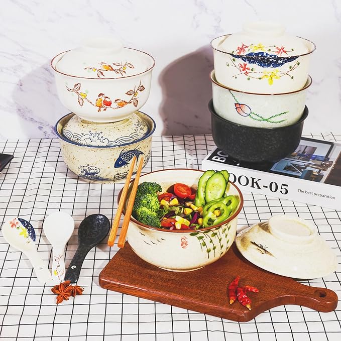 Ceramic Ramen Bowl Set, 800ml, with Lid, Spoon and Chopsticks, Japanese Vintage Large Soup Bowls Instant Noodle Bowl Asian Tableware (Bird*1)