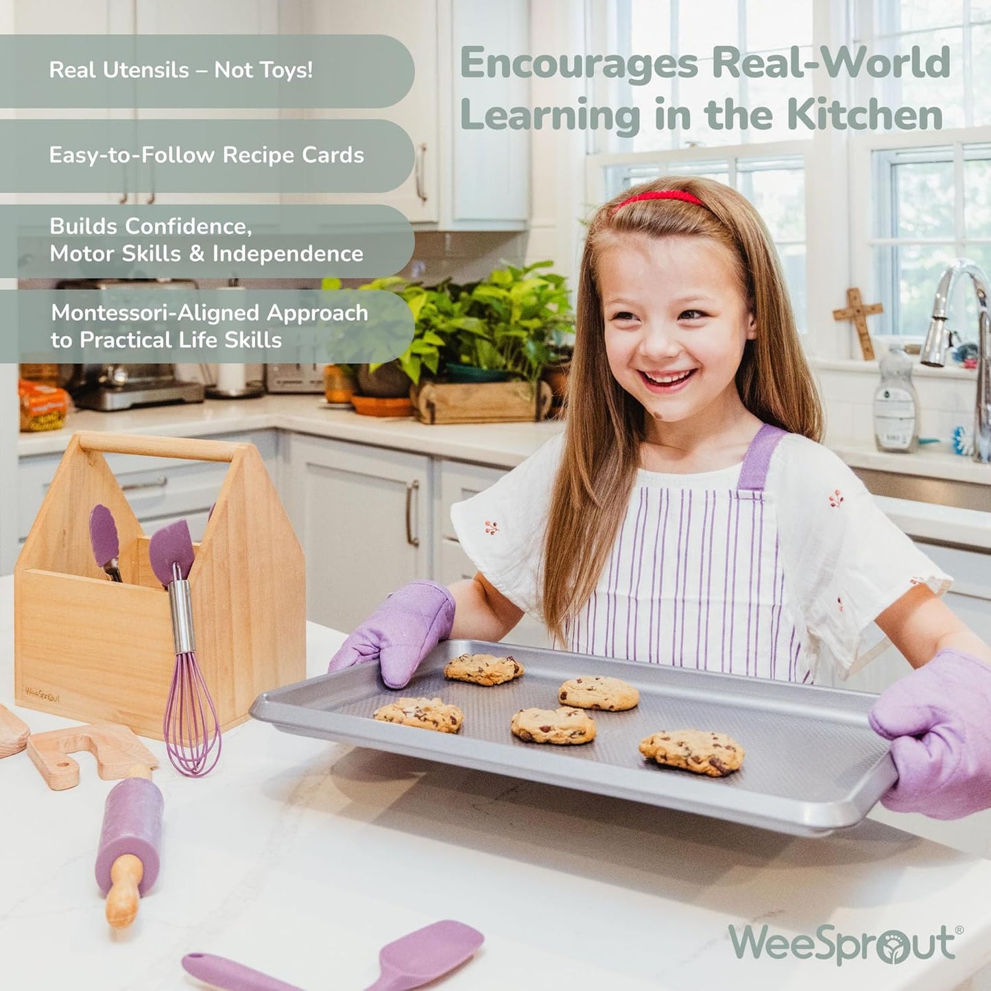 WeeSprout Little Chef Kids Cooking & Baking Set, 14 Piece Cooking Set with Real Kitchen Tools & Kids Apron, Baking Gift for Girls, Boys & Junior Chefs, Food Grade Materials, Choice of Colors