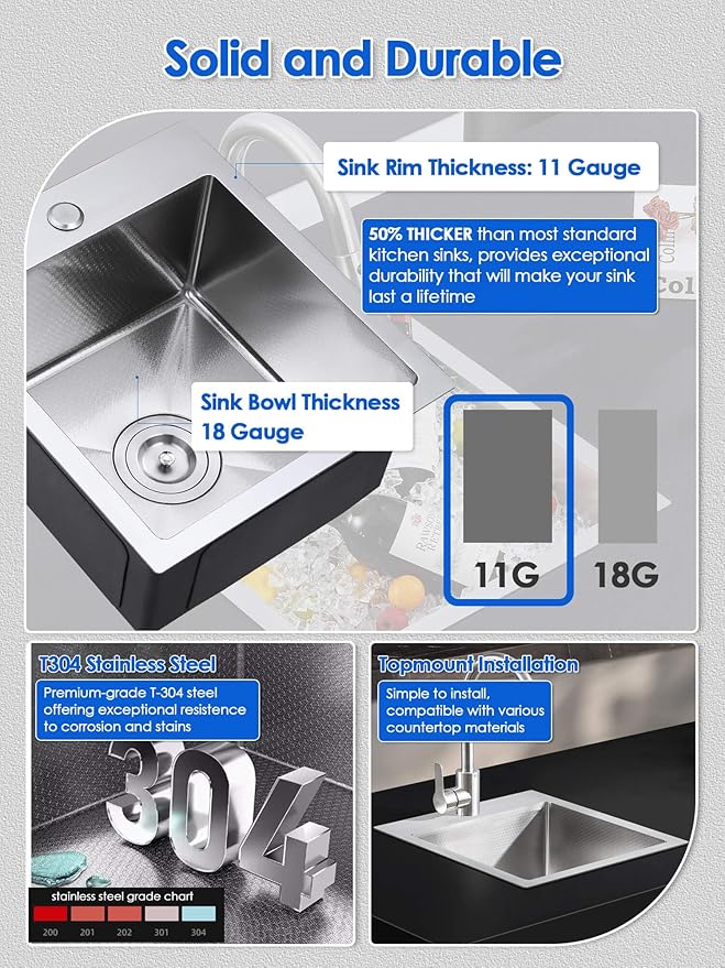 ROVOGO 15"x17"x8" Kitchen Bar Sink, 304 Stainless Steel, Drop-In Single Bowl with Anti-Scratch Honeycomb Surface, 1 Faucet Hole Top Mount Small Wet Bar Sink, Brushed Finish