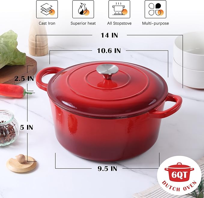 E-far Enameled Dutch Oven Pot for Bread Baking, 6QT Enameled Cast Iron Cookware with Self-Basting Lid & Sourdough Bread Baking Supplies, Heavy Duty Casserole Pot & Dual Handles-Red
