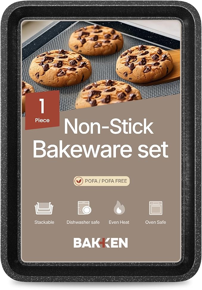 BAKKEN Kitchen Baking Pans - 15.15 x 10.03" Medium Nonstick Sheet, Durable Carbon Steel Cookie Sheet with Gray Silicone Handles, PFOA, PFOS, PTFE Free, Oven Safe Tray (Up To 450°F), Set of 1