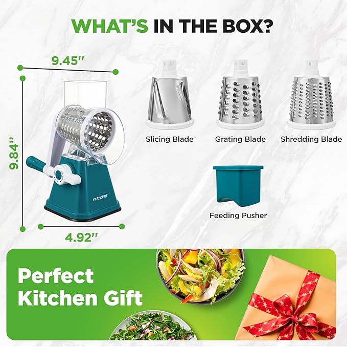 Nutrichef 3 in 1 Cheese Grater & Shredder | Strong Suction Base, Rotary Handle with Safety Lock | Includes Hand Crank & 3 Drum Blades for 3 Textures, Fine, Medium & Strips | Green