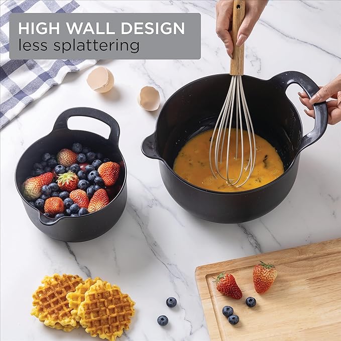 COOK WITH COLOR Nesting Plastic Mixing Bowl Set with Pour Spouts and Handles, Black Speckled, 6 Piece Non-Slip