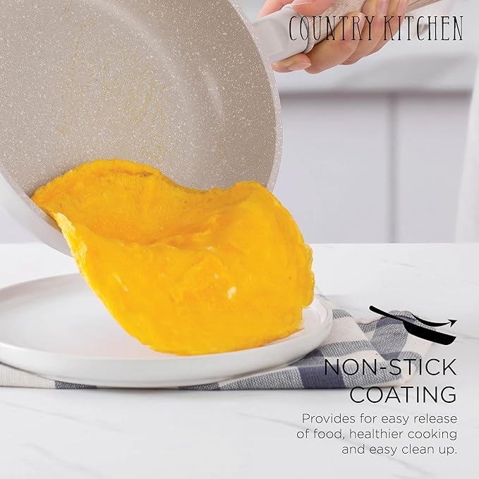 Country Kitchen Non-Stick Cast Aluminum Cookware Set - Durable Kitchen Cookware for Everyday Cooking, Cream Round Handle, 11 Pc.