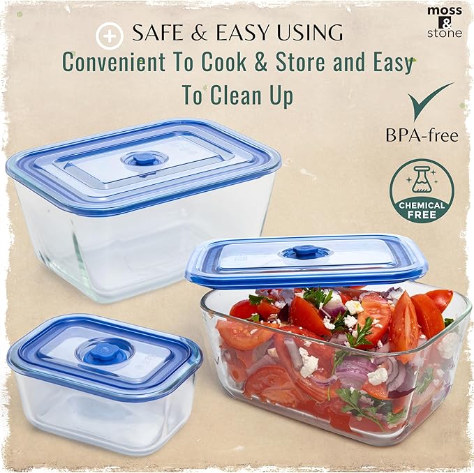 Moss & Stone Extra Large Glass Storage Containers With Lids Set of 3, 101 Oz/ 54 Oz/ 16 Oz, Deep Rectangular Glass Food Container with Lid, Leak Proof, Microwave, Dishwasher & Oven Safe