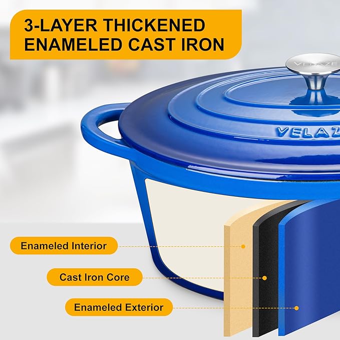 Velaze 7.5 QT Enameled Oval Dutch Oven Pot with Lid, Cast Iron Dutch Oven with Dual Handles for Bread Baking, Cooking, Frying, Non-stick Enamel Coated Cookware（Blue)