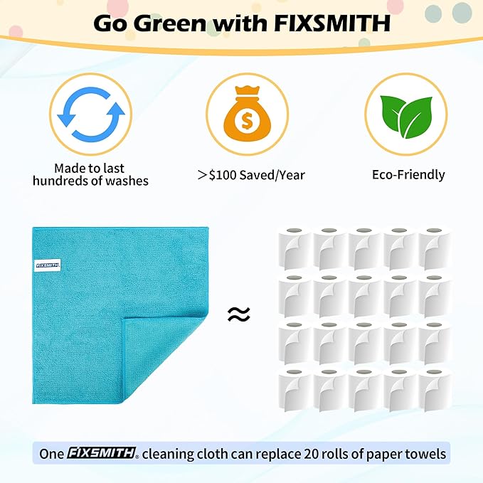 FIXSMITH Microfiber Cleaning Cloth, 50 Pack Cleaning Rags, Cleaning Towels for Housekeeping, Kitchen, Car, Lint-Free, Reusable Shop Towels with 5 Colors (Green/Blue/Yellow/Orange/Pink), 12"X12"
