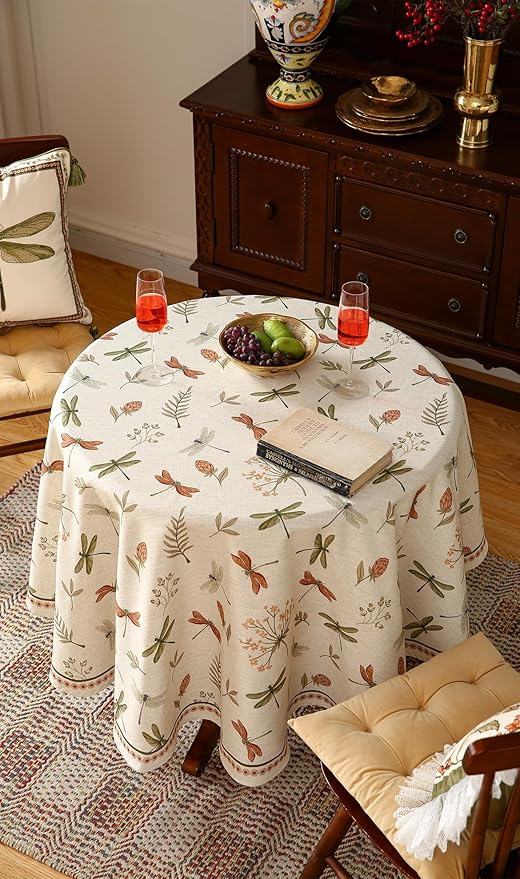 French Tablecloth for Round Tables,Linen Table Cloth with Flowers and Red and Green Dragonflies Pattern,Heavy Durable Table Cover for Dining Kitchen Decor Party Christmas,Diameter 55"