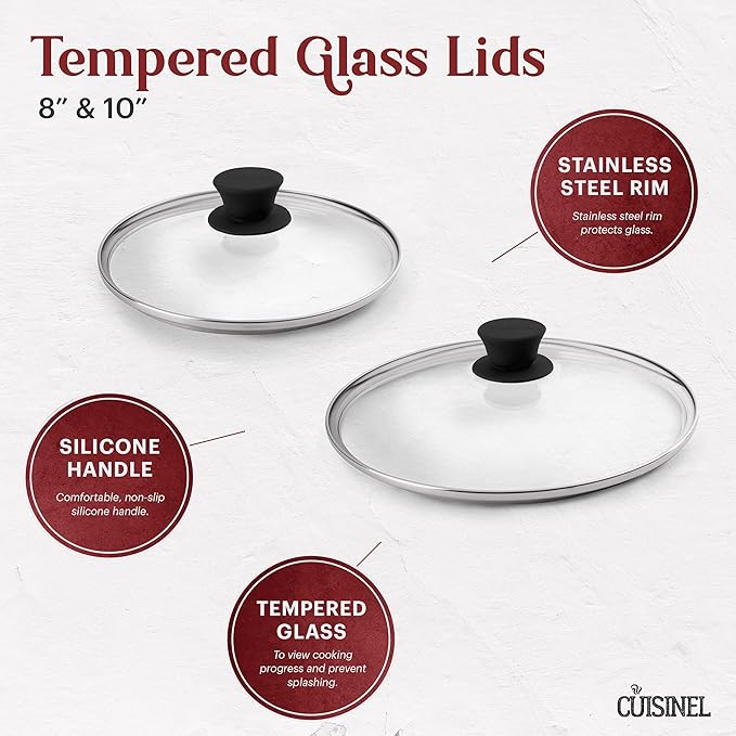 Cast Iron Skillet Set - 8" + 10"-Inch Frying Pans + Glass Lids + Silicone Handle Holder Grip Covers - Pre-Seasoned Oven Safe Cookware - Indoor/Outdoor Use - Grill, BBQ, Fire, Stovetop, Induction Safe