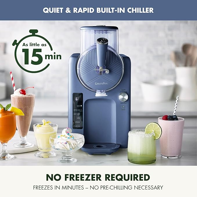 GreenPan Frost Ice Cream Machine & Frozen Drink Maker, Soft Serve, Slushie, Sorbet, Milkshakes & Cocktails, No Freezer Needed, 15-in-1, 7 Textures, Quiet & Rapid, Easy Clean, Family Size, Berry Blue