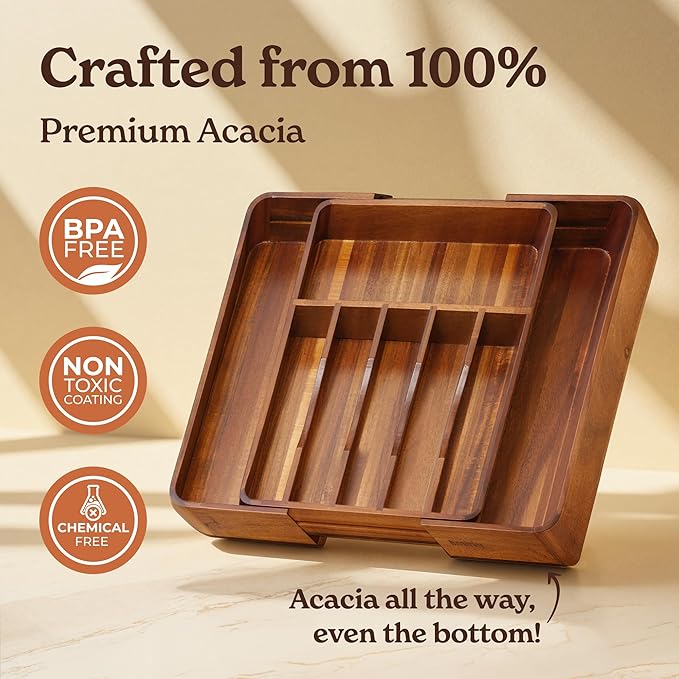 SMIRLY Silverware Drawer Organizer – Bamboo Kitchen Drawer Organizer, Adjustable Utensil Holder and Cutlery Tray, Drawer Dividers for Flatware and Kitchen Utensils