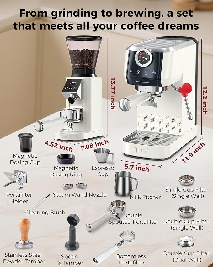 Tuni E2 𝑬𝒔𝒑𝒓𝒆𝒔𝒔𝒐 𝑴𝒂𝒄𝒉𝒊𝒏𝒆 with G1 𝑪𝒐𝒏𝒊𝒄𝒂𝒍 𝑪𝒐𝒇𝒇𝒆𝒆 𝑮𝒓𝒊𝒏𝒅𝒆𝒓 and 𝑩𝒐𝒕𝒕𝒐𝒎𝒍𝒆𝒔𝒔 𝑷𝒐𝒓𝒕𝒂𝒇𝒊𝒍𝒕𝒆𝒓 Combo Set | 48 Grind Settings | Professional Home Barista Kit