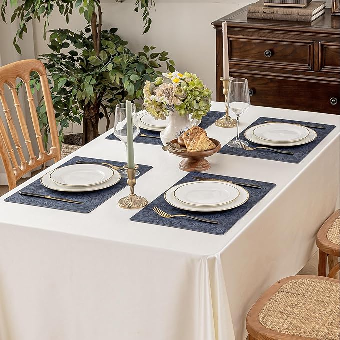 Romanstile Vinyl Placemats Set of 4-12 X 18 Inch - Heat Resistant Non-Slip Embossed Floral Place Mats 100% Waterproof Oilproof Wipeable Faux Leather Table Mats for Kitchen/Dining/Party, Navy Blue