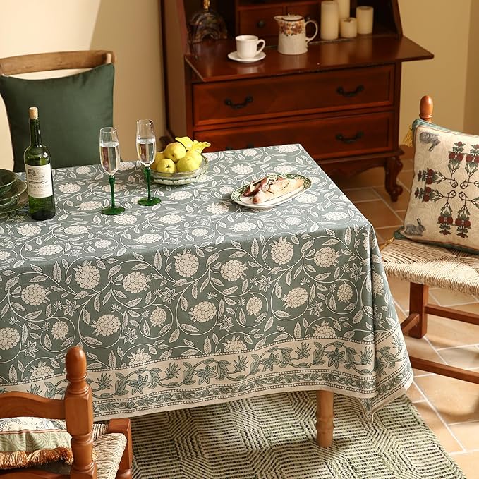 Grayish Green Tablecloth for Rectangular Tables,Linen Table Cloth with Light White Flowers Pattern,Durable Table Cover for Dining Thanksgiving Kitchen Party Banquet Christmas,55"*79"