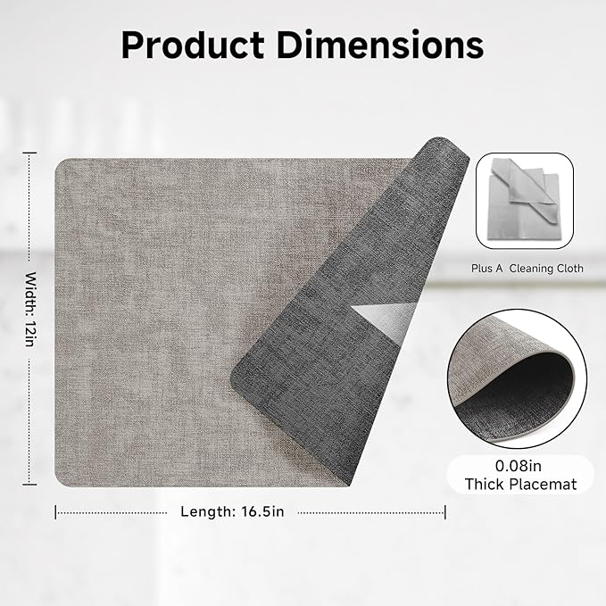 Faux Leather Vinyl Placemats Set of 6 Wipeable Heat Resistant Place Mats 100% Washable - Waterproof - Anti Slip Reversible Table Mats for Kitchen/Dining/Party/Outdoor, 12" x 16.5", Light Grey & Black