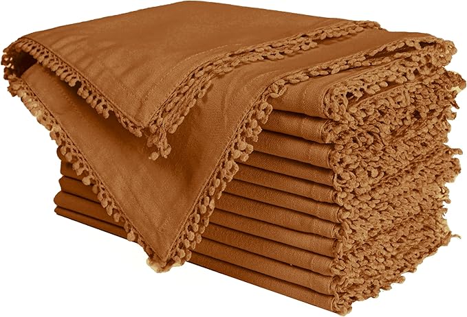 Bedding Craft Cotton Cloth Dinner Napkins Set of 12 – 18x18 Desert Sun with Decorative Lace Selvedge – Durable Machine Washable Fabric Napkins for Weddings, Baby Showers, Parties & Dining