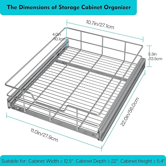 Pull Out Cabinet Organizer 11" W X 22" D, Slide Out Drawers For kitchen organizers and storage, Pull Out Drawers For Cabinets Capacity Heavy Duty Caddy, Cabinet Shelves Chrome-Plated, Bathroom Pantry