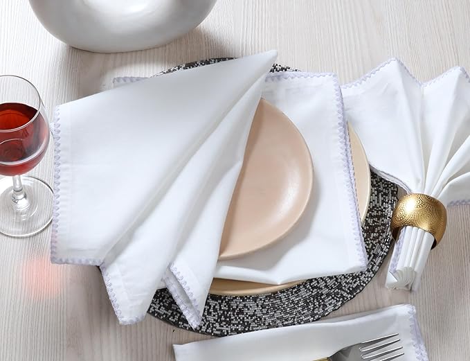 Bedding Craft Cotton Cloth Dinner Napkins Set of 12 – 18x18 Lavender Blue Napkins with Colored Edge Embroidery – Washable Fabric Napkins for Wedding Table Décor, Restaurants, Events & Everyday Dining