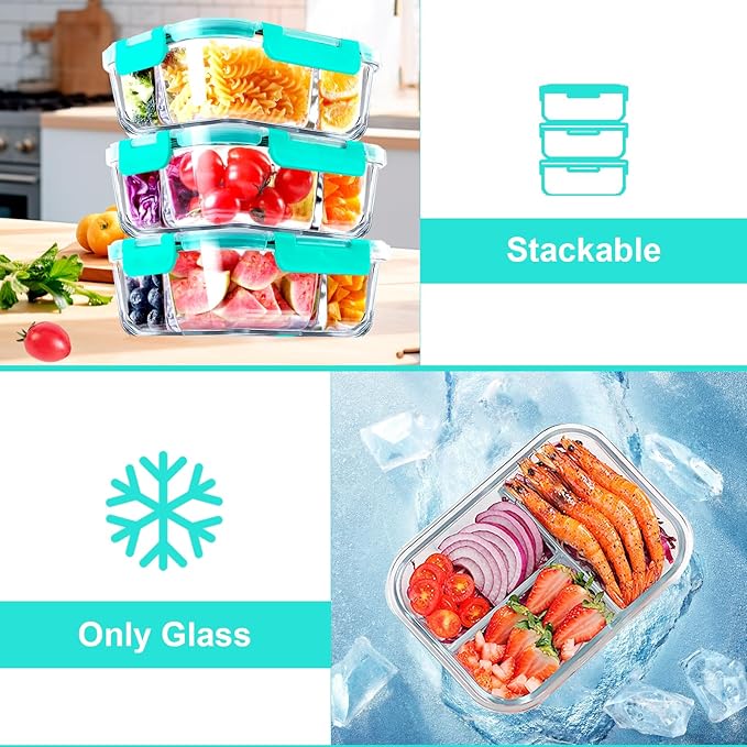 VERONES 5 Pack Glass Meal Prep Containers 3 Compartment Set, 36OZ Airtight Glass Lunch Containers, Glass Food Storage Containers with Lids, for Microwave, Oven, Freezer & Dishwasher Friendly,Green