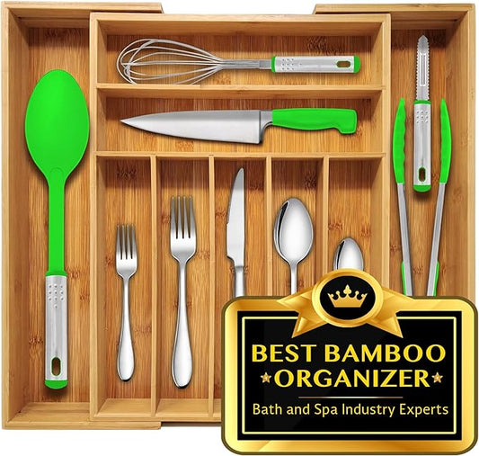 Nature Gear Bamboo Kitchen Drawer Organizer, Expandable Wood Utensil Tray, Adjustable Silverware Organizer with 9 Compartments for Fork, Spoon & Knife Utensils