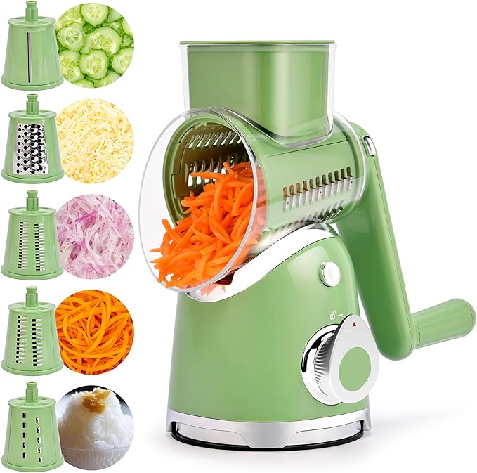 SUSTEAS Rotary Cheese Grater with Handle,Vegetable Slicer with 6 Interchangeable Blades, Reinforced Suction,Easy to Clean,Kitchen Chopper for Crushed Ice,Fruits and Nuts with Blade Storage Case,Green