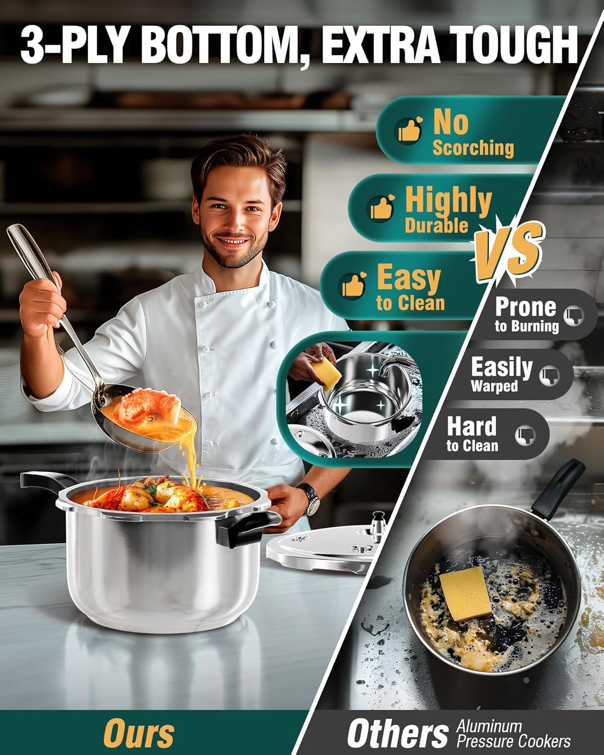 WantJoin Stainless Steel Pressure Cooker, Spring Valve Safeguard Devices, Gas Stove Eletric Stove Cooking (14qt)