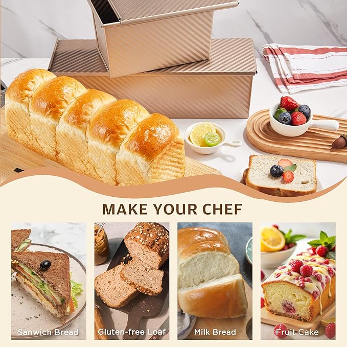 KITESSENSU Pullman Loaf Pan with Lid, 2Lb Dough Capacity Non-Stick Bakeware for Baking Bread, Sandwich & Toast Oven Baking, Gold