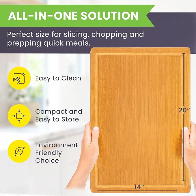 20 Inch Bamboo Wood Cutting Board Featuring Super-Sized Glue-Free Surface™ – Heavy Duty Butcher Block for Safe Meal Prep, Chopping & Carving with Lifetime Replacements - Rectangle