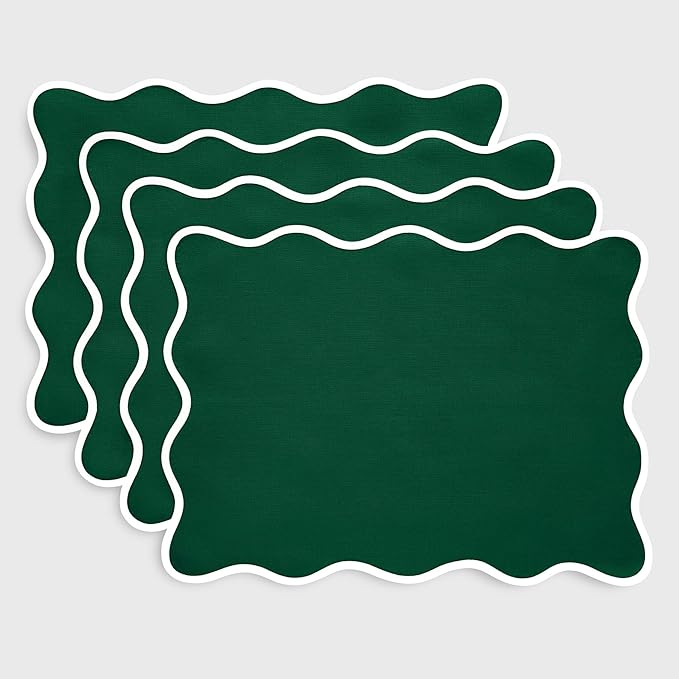 Solino Home Scallop Cloth Placemats Set of 4-100% Pure Linen White and Christmas Green Placemats 14 x 19 Inch - Giselle Scallop Edge, Handcrafted and Machine Washable