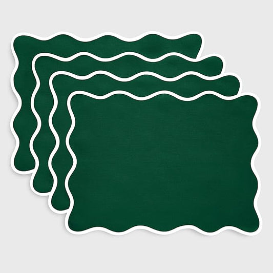 Solino Home Scallop Cloth Placemats Set of 4-100% Pure Linen White and Christmas Green Placemats 14 x 19 Inch - Giselle Scallop Edge, Handcrafted and Machine Washable