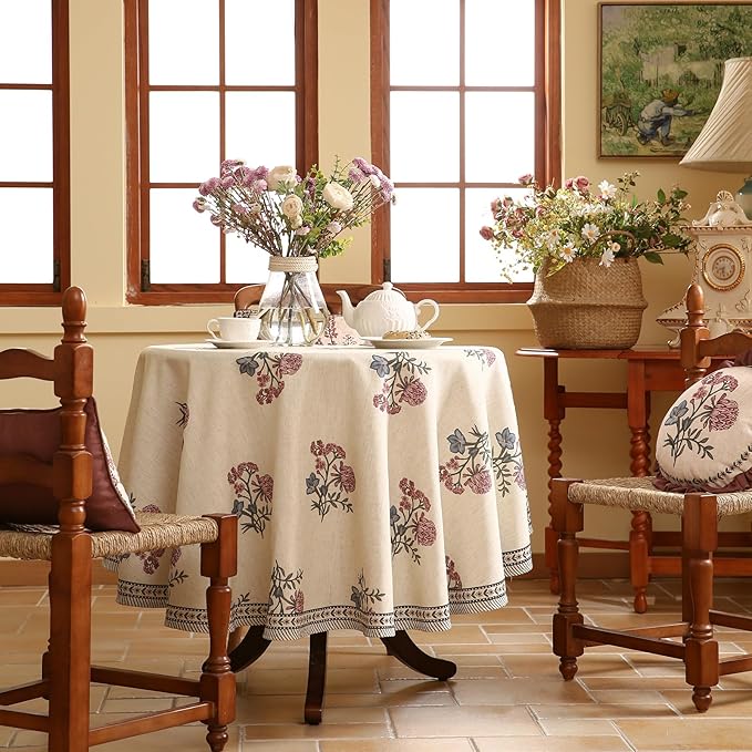 French Tablecloth for Round Tables,Linen Table Cloth with Colorful Flowers Pattern,Heavy Durable Table Cover for Dining Thanksgiving Kitchen Decor Party Christmas,Diameter 55"