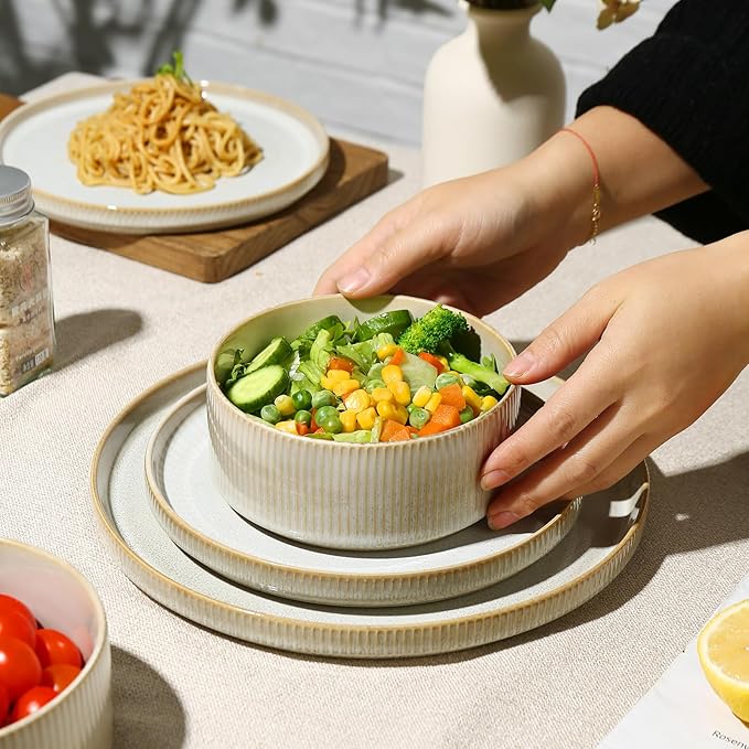 MONITO Ceramic Dinnerware Sets for 6, 18PCS Stoneware Plates and Bowls Sets, Reactive Glaze Dish Set, Chip and Scratch Resistant Double, Microwave and Dishwasher Safe, Beige