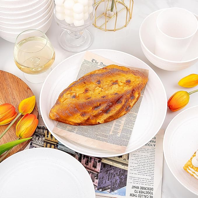 Supernal 32pcs Wheat Straw Dinnerware Sets, White Dishes for 8, Plates and Bowls Sets, Reusable Plastic Plates, Microwave Dishwasher Safe, White Plastic Dinnerware Set