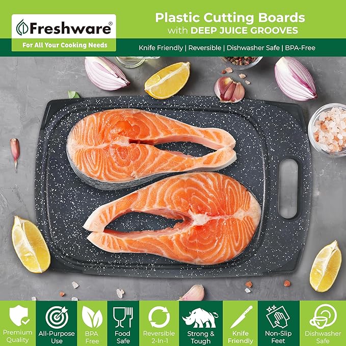Freshware Plastic Cutting Boards for Kitchen, Cutting Board Set of 3, Juice Grooves with Easy Grip Handle, BPA-Free, Dishwasher Safe, Black Marble